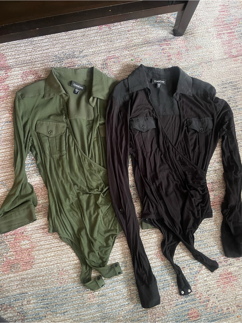 bebe Olive Green & Black Long Sleeve Wrap Bodysuits (2)